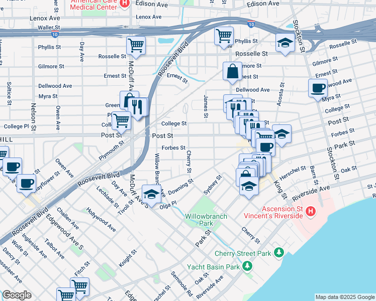 map of restaurants, bars, coffee shops, grocery stores, and more near 1042 Cherry Street in Jacksonville