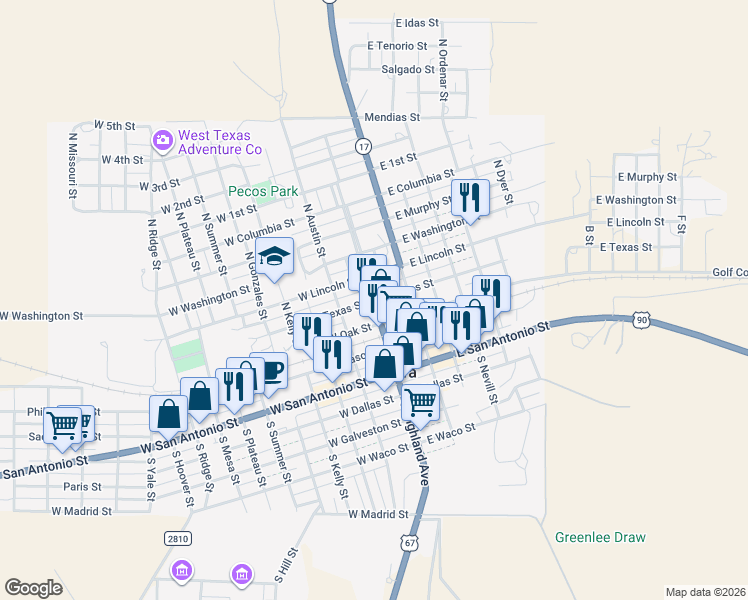 map of restaurants, bars, coffee shops, grocery stores, and more near in Marfa
