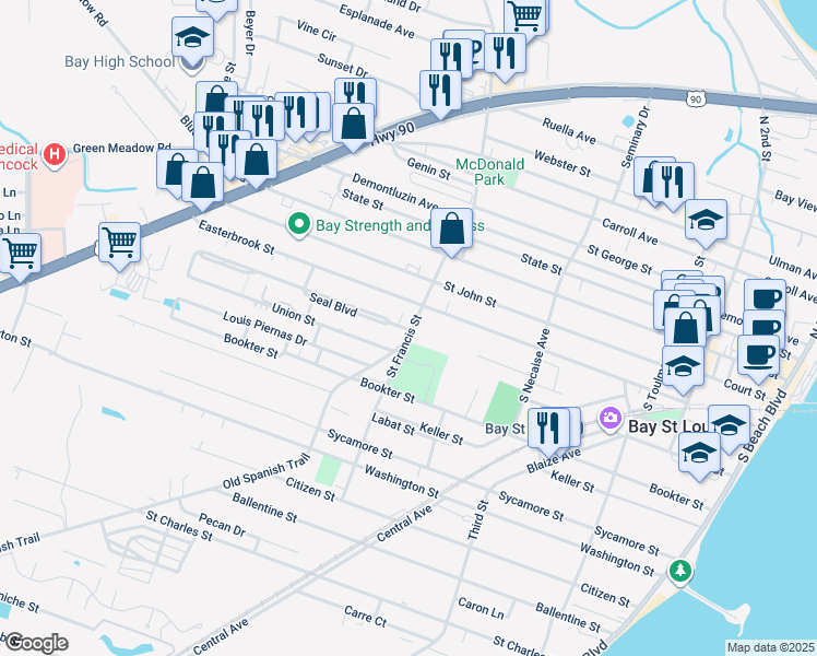 map of restaurants, bars, coffee shops, grocery stores, and more near 312 Saint Francis Street in Bay St. Louis