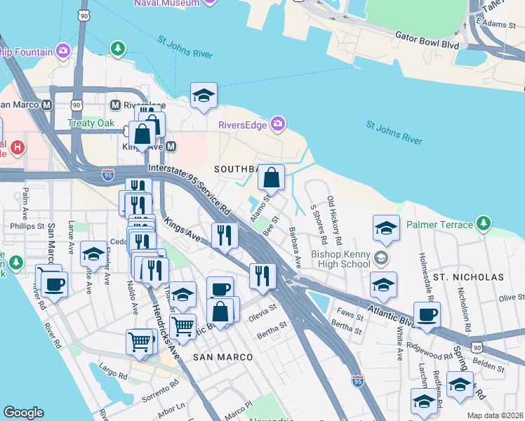 map of restaurants, bars, coffee shops, grocery stores, and more near 1951 Huntsford Road in Jacksonville
