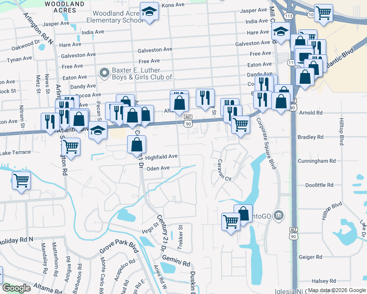 map of restaurants, bars, coffee shops, grocery stores, and more near 8414 Thor Street in Jacksonville
