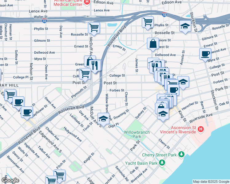 map of restaurants, bars, coffee shops, grocery stores, and more near 2902 Forbes Street in Jacksonville