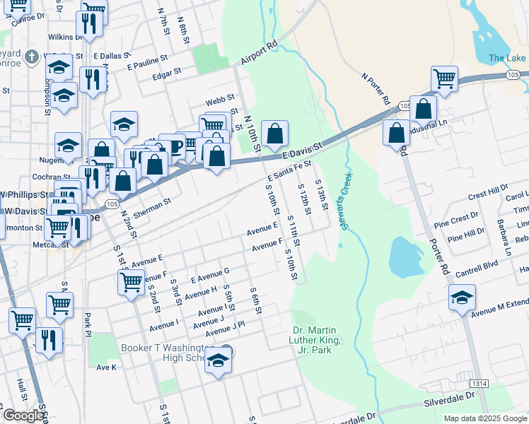 map of restaurants, bars, coffee shops, grocery stores, and more near 129 South 9th Street in Conroe