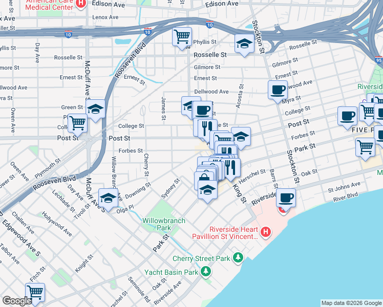 map of restaurants, bars, coffee shops, grocery stores, and more near 2747 Forbes Street in Jacksonville