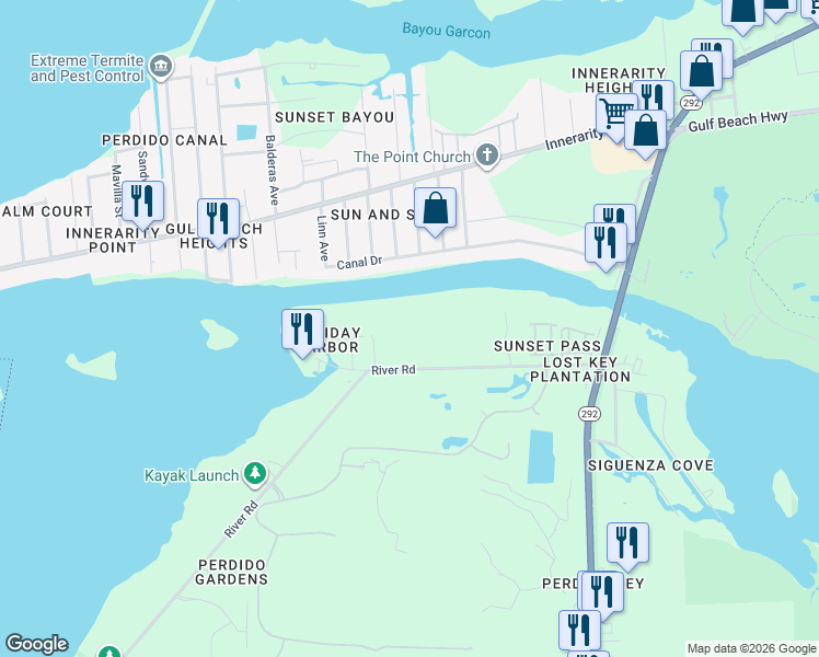 map of restaurants, bars, coffee shops, grocery stores, and more near 14024A Waterview Drive in Pensacola