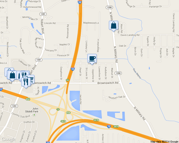 map of restaurants, bars, coffee shops, grocery stores, and more near 4153 Saint Louis Street in Slidell
