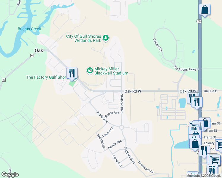 map of restaurants, bars, coffee shops, grocery stores, and more near 349 Thornhill Circle in Gulf Shores