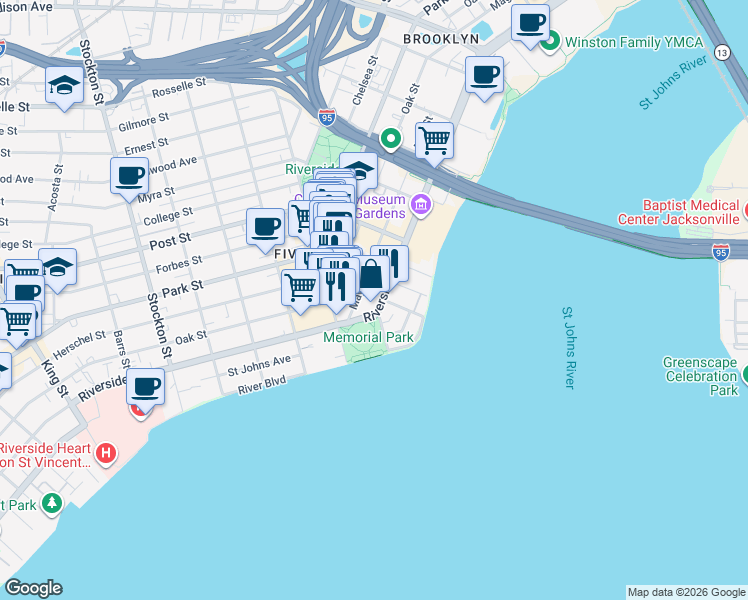 map of restaurants, bars, coffee shops, grocery stores, and more near 1545 May Street in Jacksonville