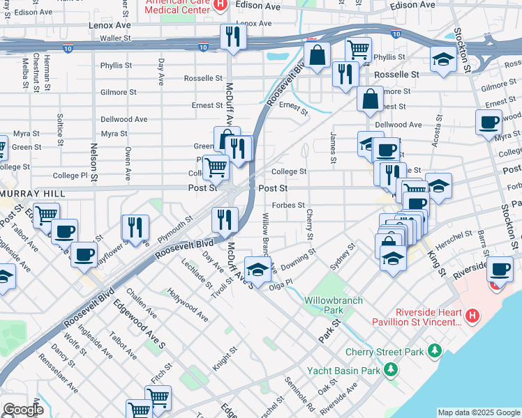 map of restaurants, bars, coffee shops, grocery stores, and more near 1034 Willow Branch Avenue in Jacksonville