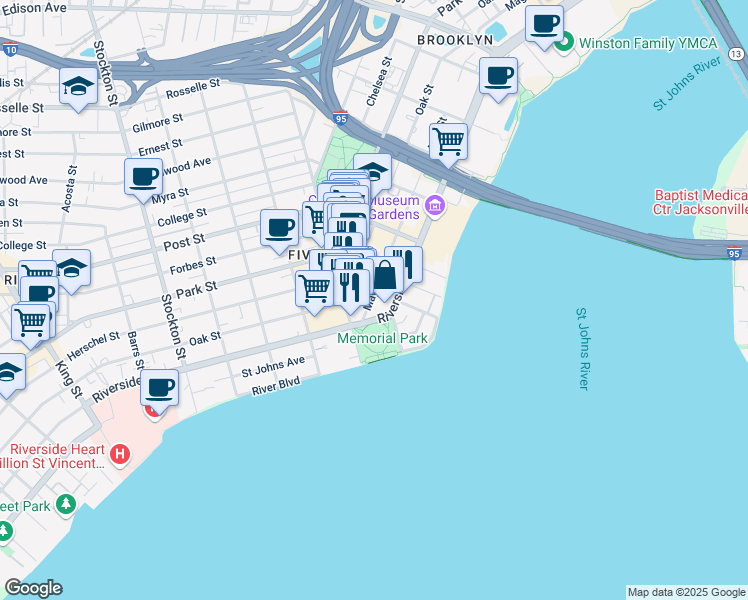 map of restaurants, bars, coffee shops, grocery stores, and more near 1545 May Street in Jacksonville