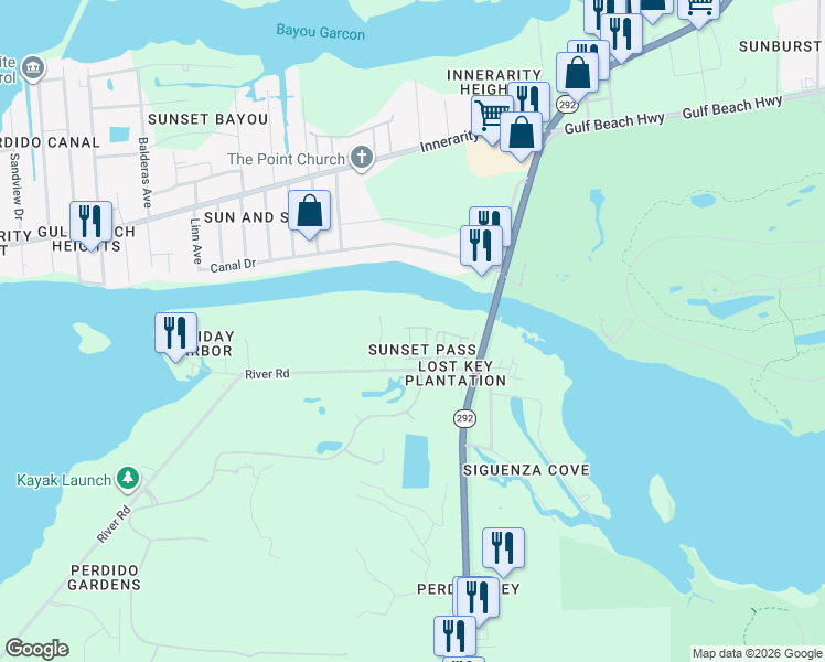 map of restaurants, bars, coffee shops, grocery stores, and more near 6042 Valhalla Avenue in Pensacola