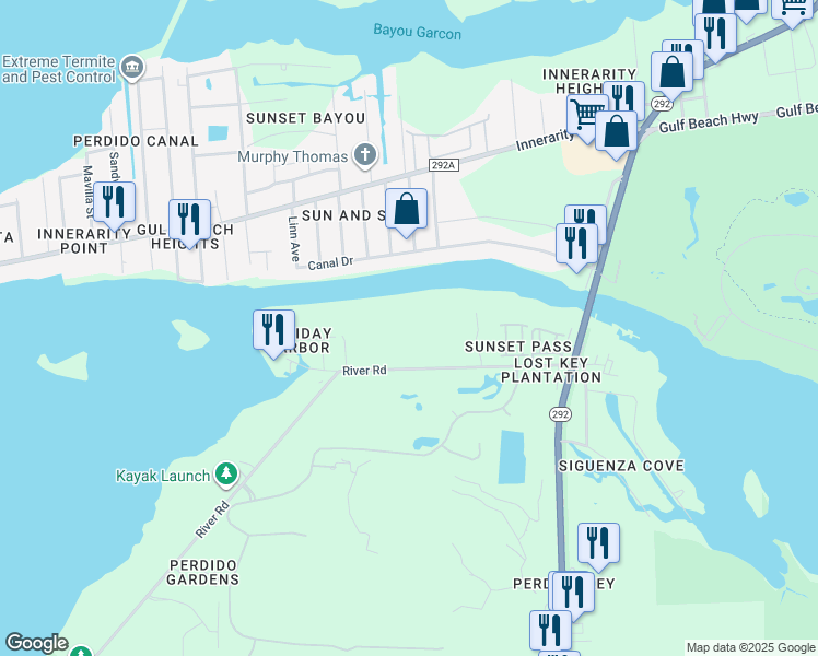 map of restaurants, bars, coffee shops, grocery stores, and more near 13928 River Road in Pensacola