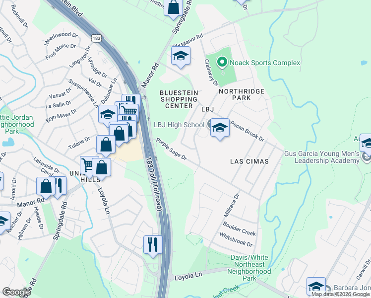 map of restaurants, bars, coffee shops, grocery stores, and more near 5203A Raton Pass in Austin