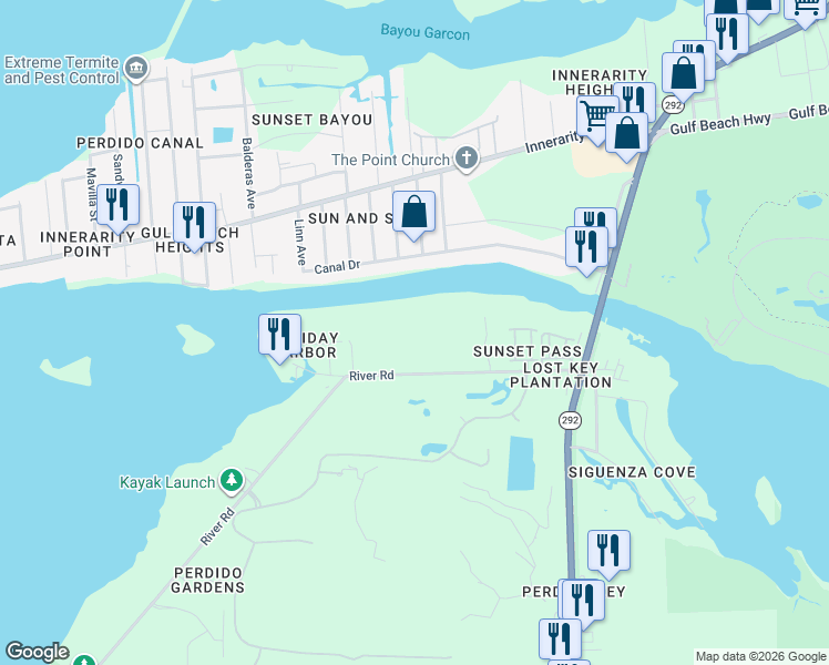 map of restaurants, bars, coffee shops, grocery stores, and more near 13928 River Road in Pensacola