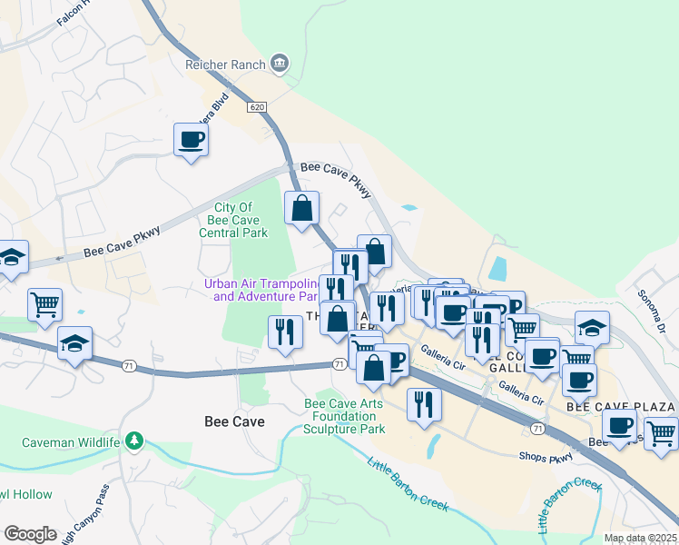 map of restaurants, bars, coffee shops, grocery stores, and more near 3936 South Farm to Market 620 Road in Austin