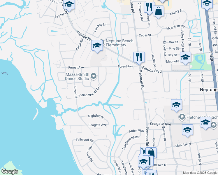 map of restaurants, bars, coffee shops, grocery stores, and more near 1507 Forest Marsh Drive in Neptune Beach