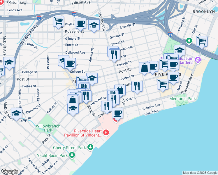 map of restaurants, bars, coffee shops, grocery stores, and more near 2549 Park Street in Jacksonville