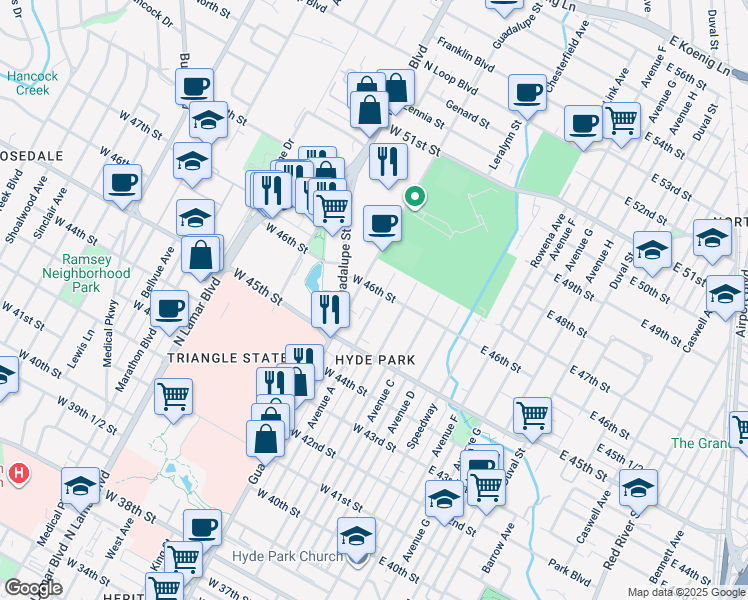 map of restaurants, bars, coffee shops, grocery stores, and more near 4556 Avenue A in Austin