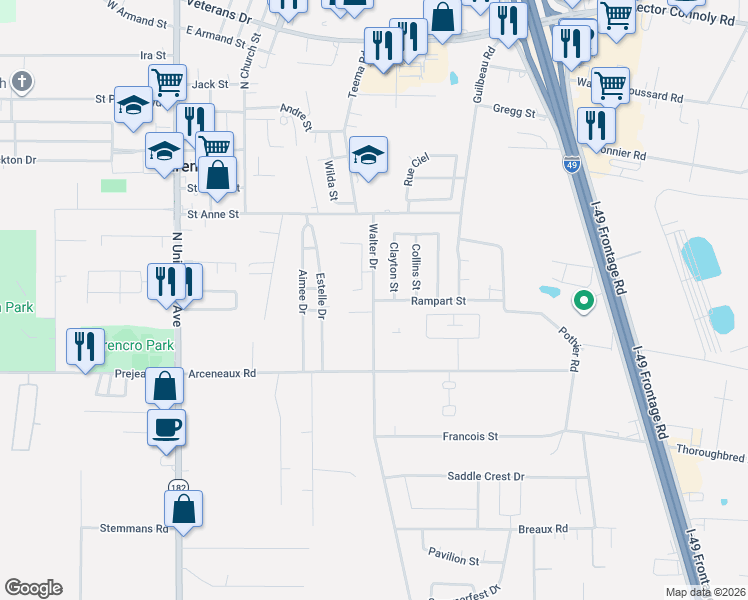 map of restaurants, bars, coffee shops, grocery stores, and more near 188 Walter Dr in Carencro