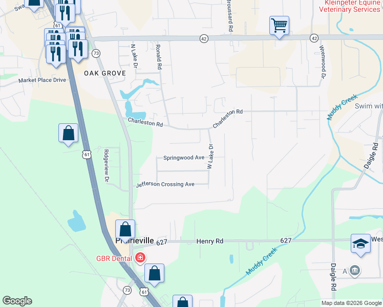 map of restaurants, bars, coffee shops, grocery stores, and more near 38160 Springwood Avenue in Prairieville