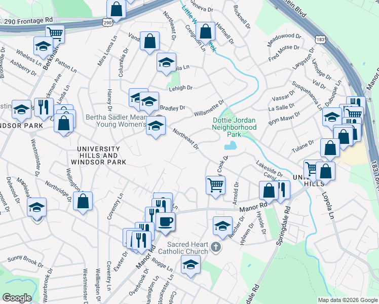 map of restaurants, bars, coffee shops, grocery stores, and more near 6413 Chimney Creek Circle in Austin