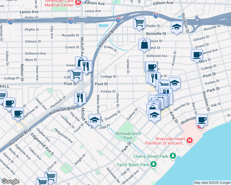 map of restaurants, bars, coffee shops, grocery stores, and more near in Jacksonville