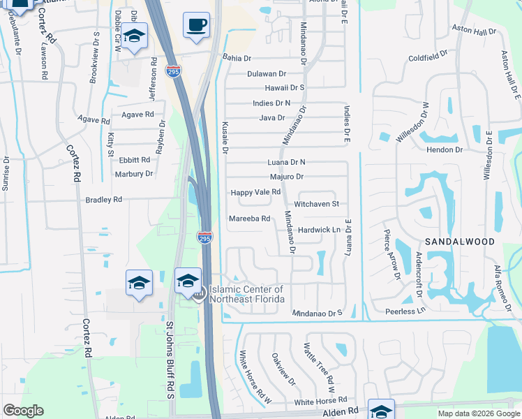map of restaurants, bars, coffee shops, grocery stores, and more near 10831 Mareeba Road in Jacksonville
