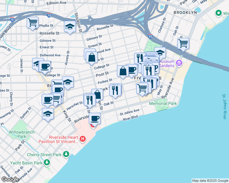 map of restaurants, bars, coffee shops, grocery stores, and more near 2230 Herschel Street in Jacksonville