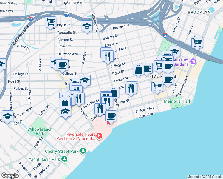 map of restaurants, bars, coffee shops, grocery stores, and more near 2504 Park Street in Jacksonville