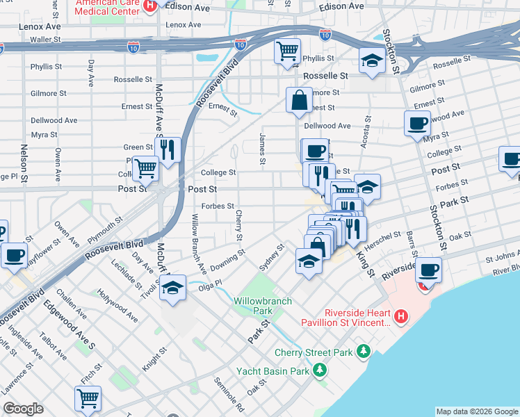map of restaurants, bars, coffee shops, grocery stores, and more near 2818 Forbes Street in Jacksonville