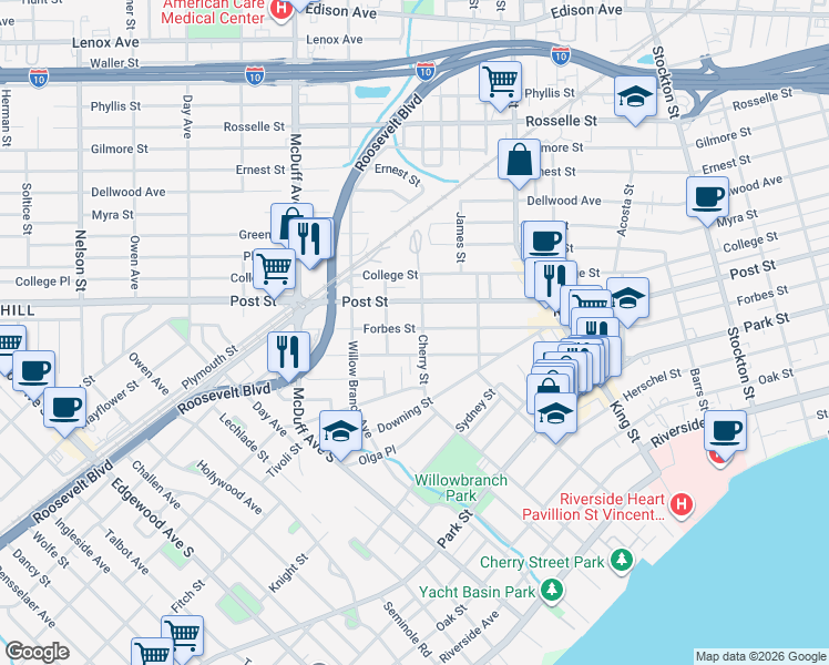 map of restaurants, bars, coffee shops, grocery stores, and more near in Jacksonville