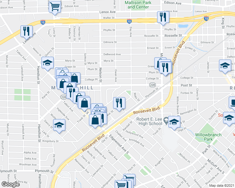 map of restaurants, bars, coffee shops, grocery stores, and more near 3232 Corby Street in Jacksonville