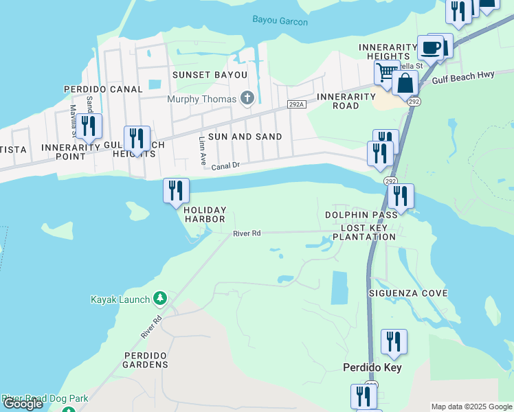 map of restaurants, bars, coffee shops, grocery stores, and more near 14024A Waterview Drive in Pensacola