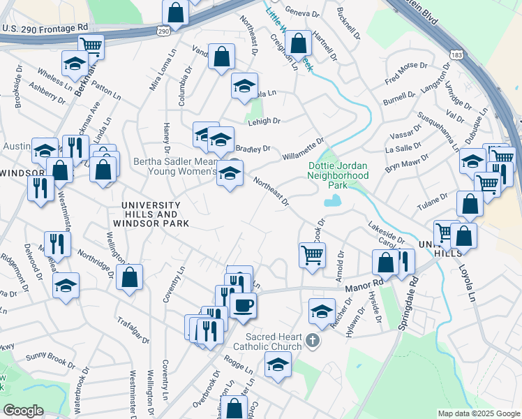 map of restaurants, bars, coffee shops, grocery stores, and more near 6403 Auburn Drive in Austin