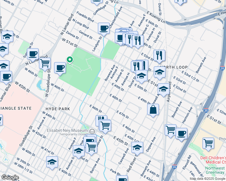 map of restaurants, bars, coffee shops, grocery stores, and more near 4805 Avenue G in Austin