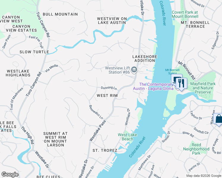 map of restaurants, bars, coffee shops, grocery stores, and more near 2623-2699 Buckminster Court in Austin