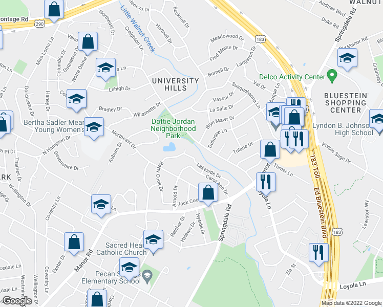 map of restaurants, bars, coffee shops, grocery stores, and more near 3002 Lakeside Drive in Austin