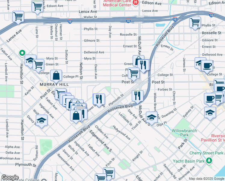 map of restaurants, bars, coffee shops, grocery stores, and more near 1038 Willis Drive in Jacksonville
