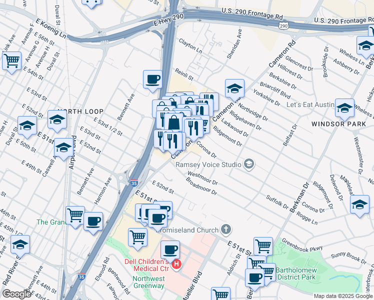 map of restaurants, bars, coffee shops, grocery stores, and more near 5423 Cameron Road in Austin