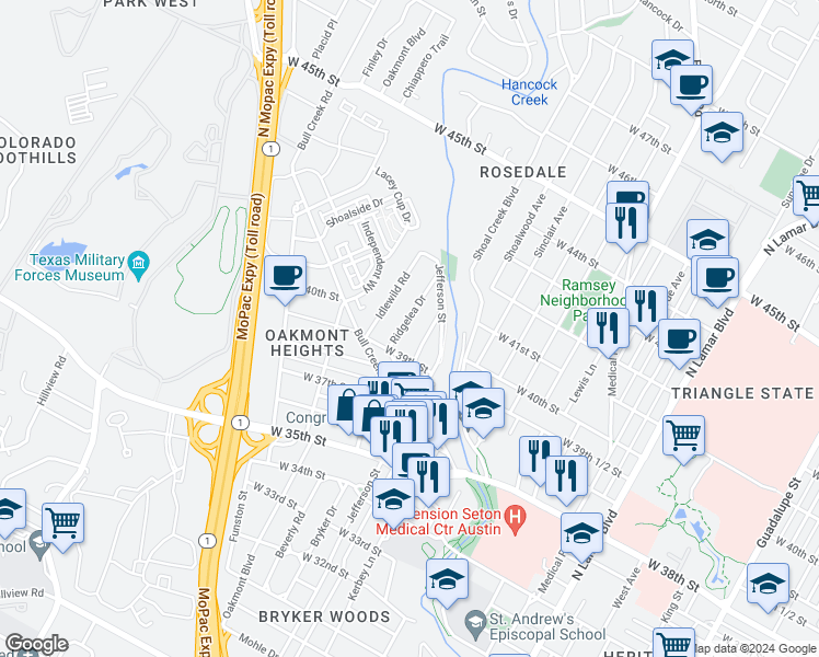 map of restaurants, bars, coffee shops, grocery stores, and more near 3911 Ridgelea Drive in Austin