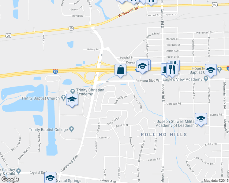 map of restaurants, bars, coffee shops, grocery stores, and more near 8400 North Trambley Drive in Jacksonville