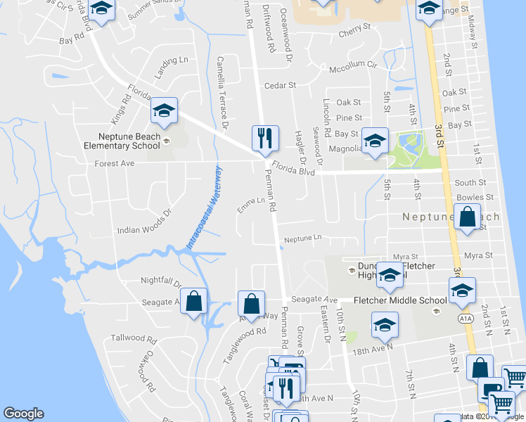 map of restaurants, bars, coffee shops, grocery stores, and more near 1540 Penman Rd in Neptune Beach