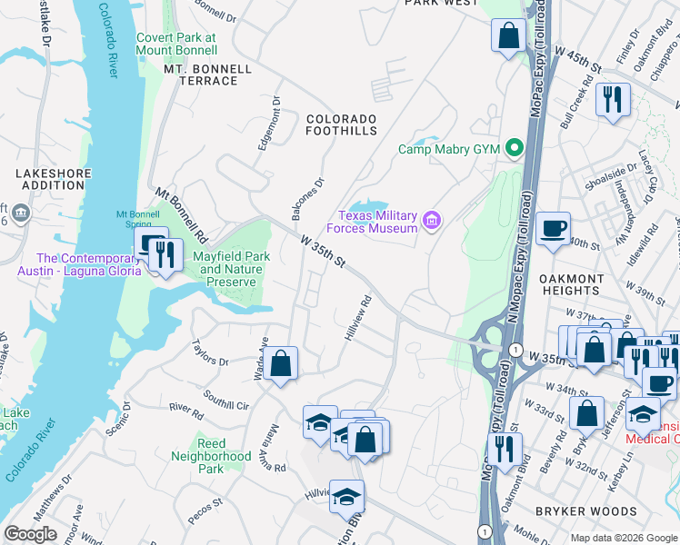 map of restaurants, bars, coffee shops, grocery stores, and more near 3003 West 35th Street in Austin