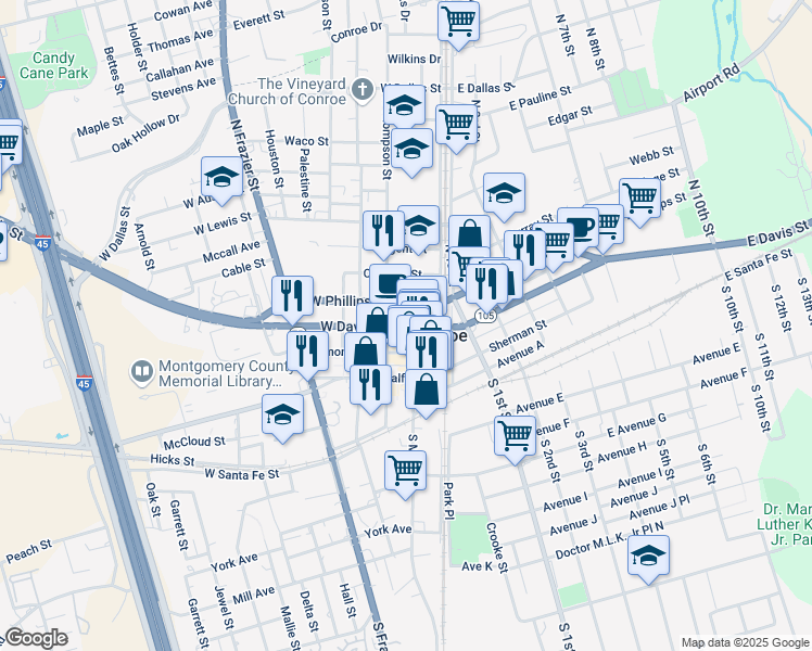 map of restaurants, bars, coffee shops, grocery stores, and more near 334 North Main Street in Conroe