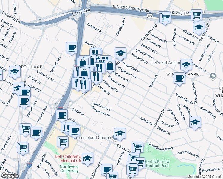 map of restaurants, bars, coffee shops, grocery stores, and more near 1305 Cloverleaf Drive in Austin