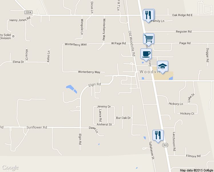 map of restaurants, bars, coffee shops, grocery stores, and more near 9323 Elgin Road in Tallahassee