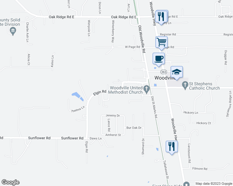 map of restaurants, bars, coffee shops, grocery stores, and more near 9323 Elgin Road in Tallahassee
