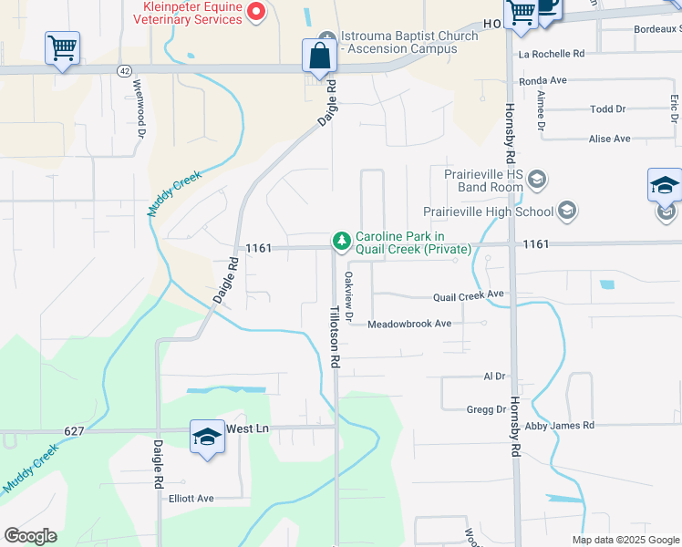 map of restaurants, bars, coffee shops, grocery stores, and more near 16480 Oakview Drive in Prairieville