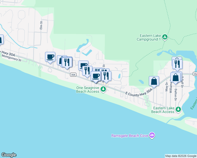 map of restaurants, bars, coffee shops, grocery stores, and more near 36 Palmeira Way in Santa Rosa Beach