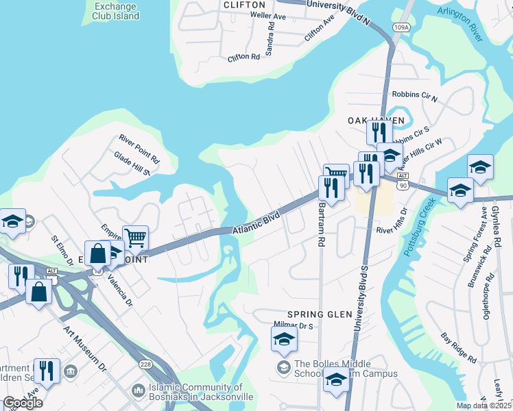 map of restaurants, bars, coffee shops, grocery stores, and more near 1508 Campbell Avenue in Jacksonville
